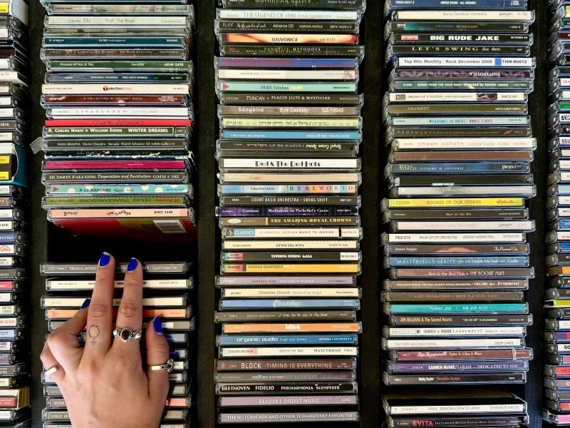 Song of the week art. A hand going through cds at a record store.