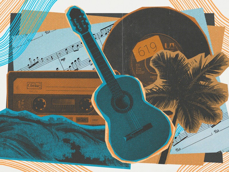 Illustration for song of the week that includes a guitar, palm tree, waves and a cassette.