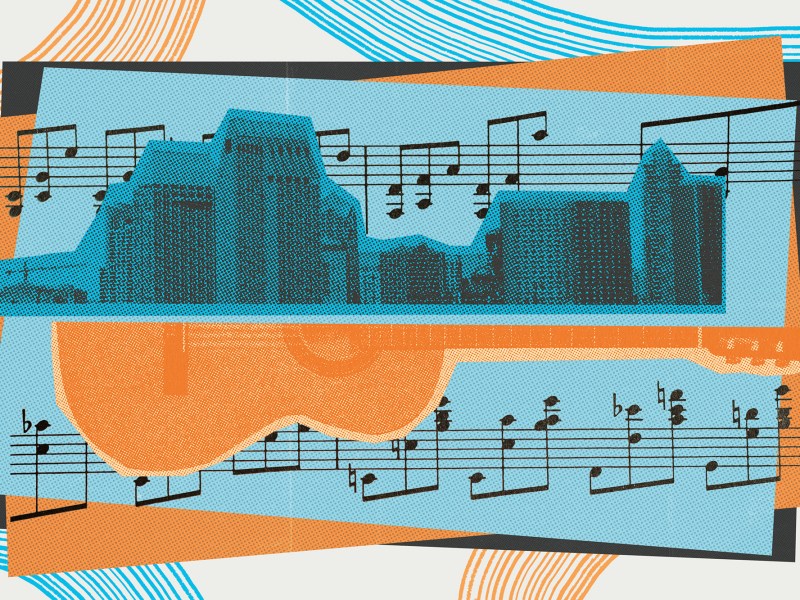 Illustration for Song of the Week, an image of a guitar and the downtown skyline above it
