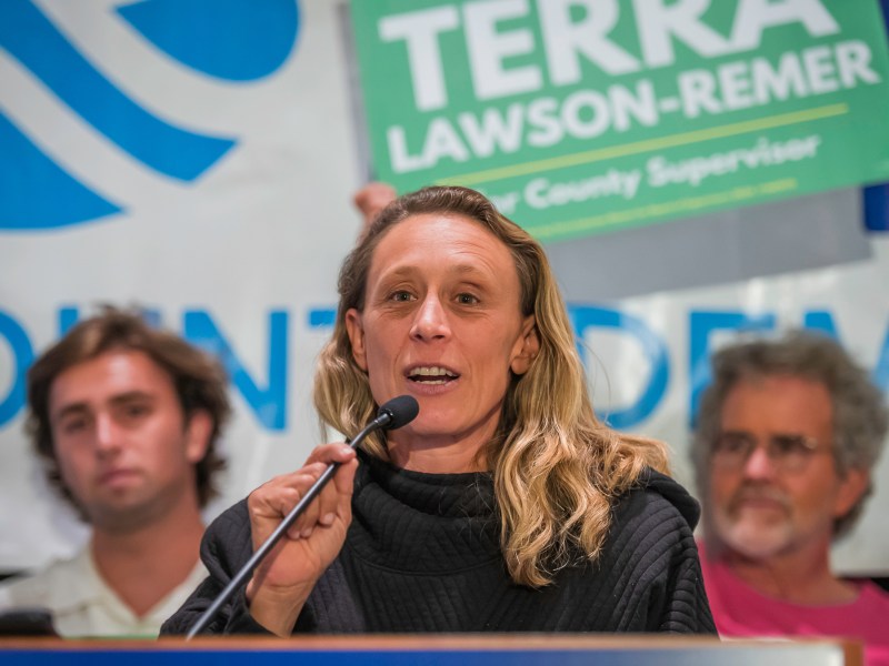 San Diego County Supervisor Terra Lawson-Remer at the San Diego County Democratic Party's Election Party at the Westin Hotel in downtown San Diego, California on Tuesday, Nov. 5, 2024. / Photo by Vito di Stefano for Voice of San Diego