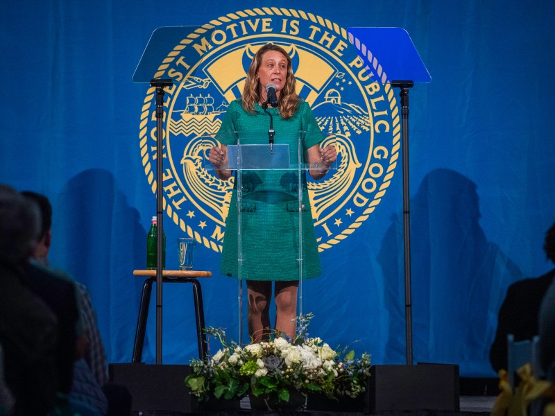 San Diego County Supervisor Terra Lawson-Remer delivers the State of the County speech at the National History Museum, in Balboa Park on April 16, 2025. / Photo by Vito di Stefano for Voice of San Diego