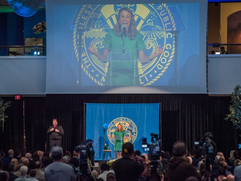 San Diego County Supervisor Terra Lawson-Remer delivers the State of the County speech at the National History Museum, in Balboa Park on April 16, 2025. / Photo by Vito di Stefano for Voice of San Diego